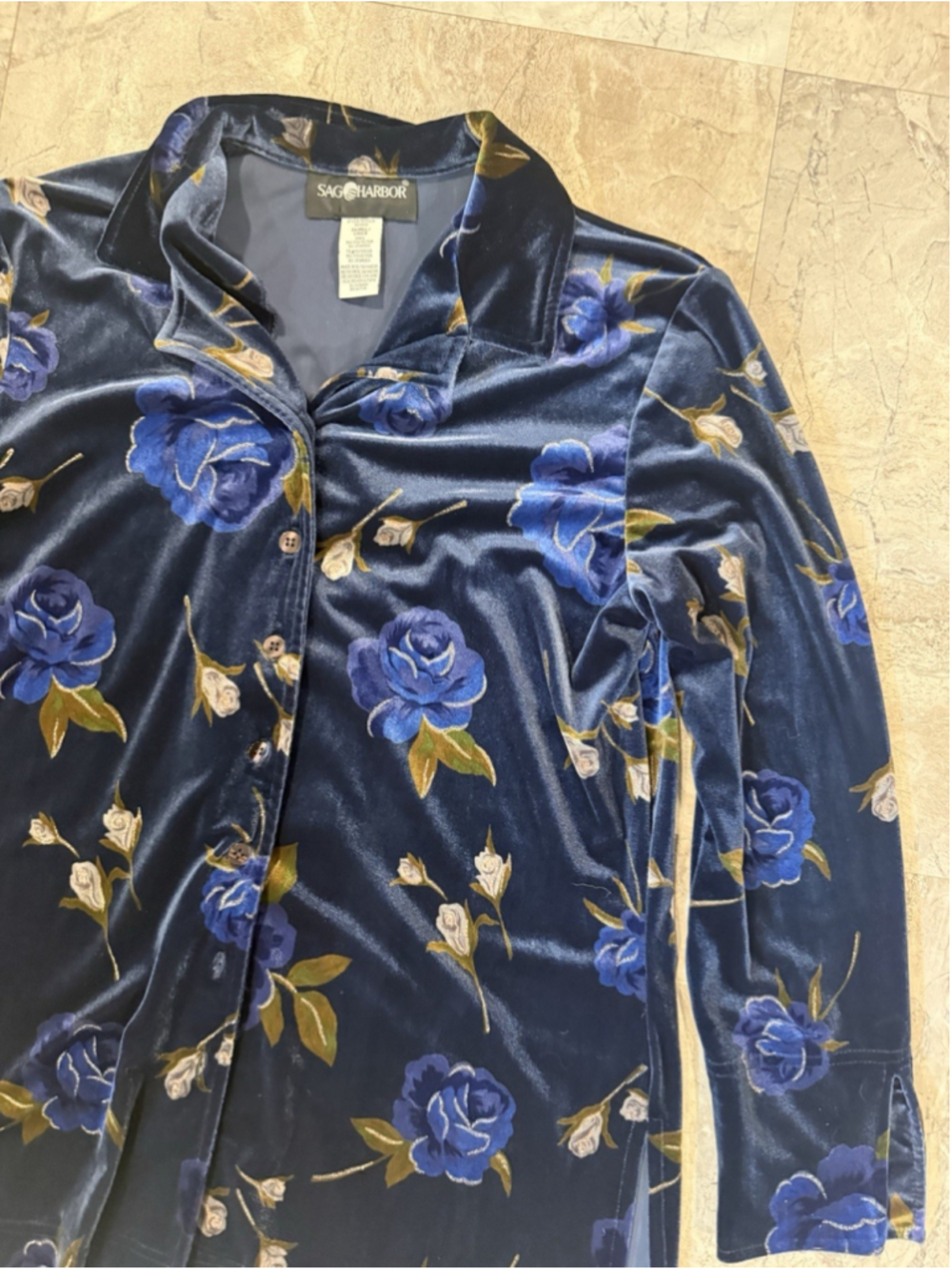 VTG Sag Harbor Women's S Navy Ethereal Whimsy Velour Button Down Blouse